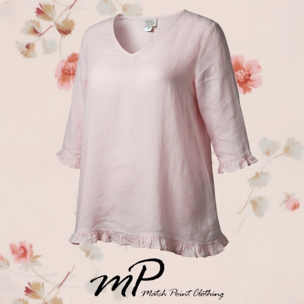 Match Point USA Linen Lagenlook Oversized Ruffle Hem Tunic Top‎ Pink M